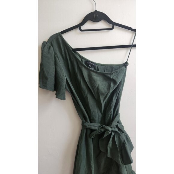1. STATE One Shoulder Ruffle Wrap Mini Dress Green Tie Waist Size XS - Picture 3 of 9